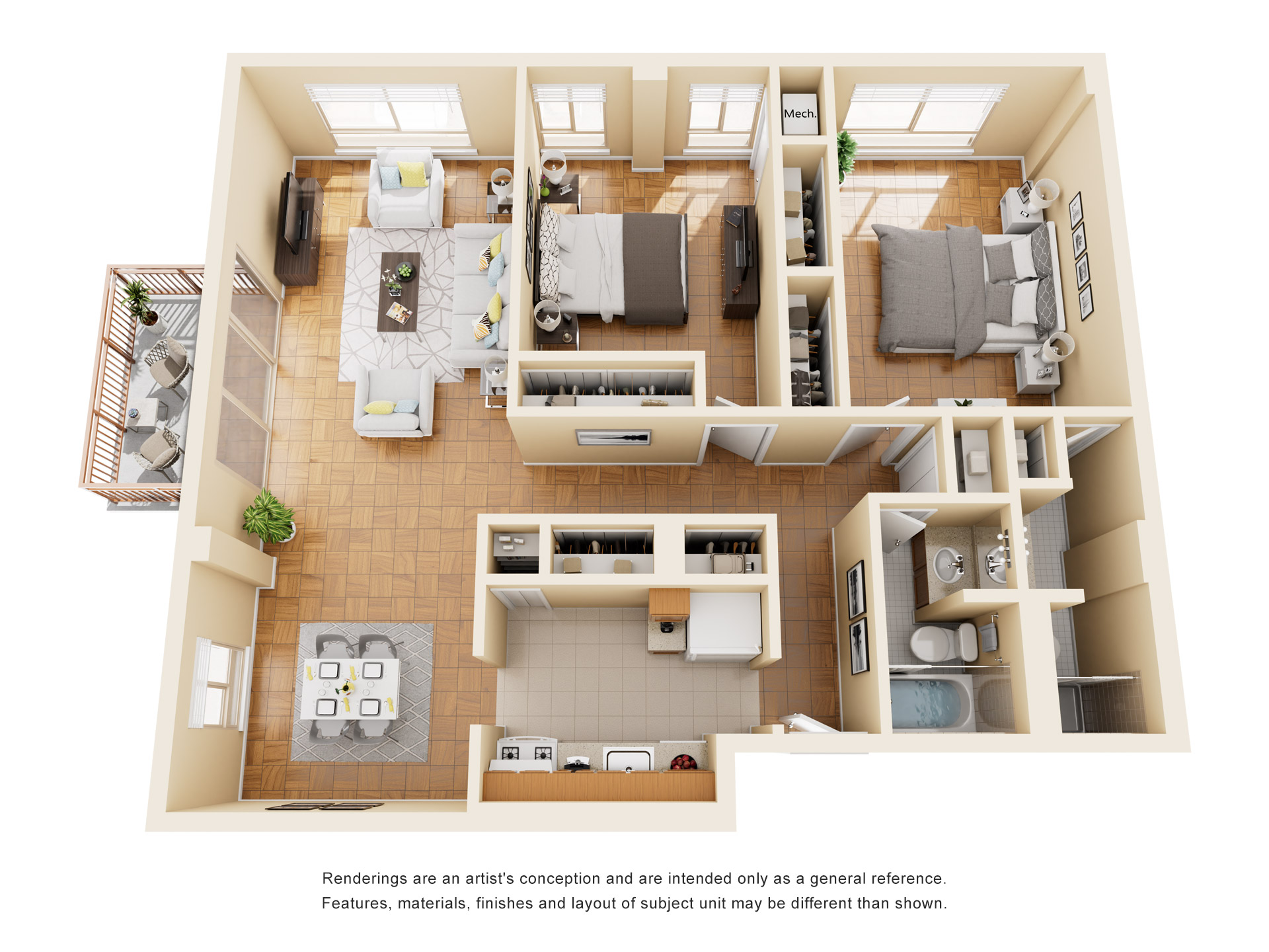 Floor plan for 2 beds, 2 baths, 1059 sqft